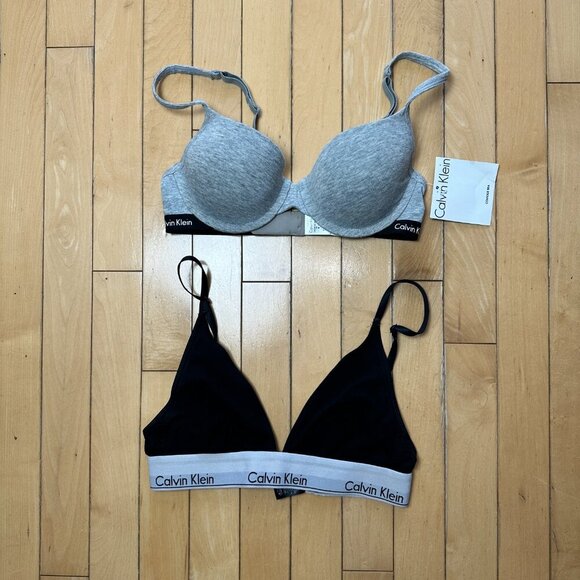 NWT CALVIN KLEIN Padded Grey Knit Bra Size 34B + Free Black Bra Size Small - Picture 2 of 9